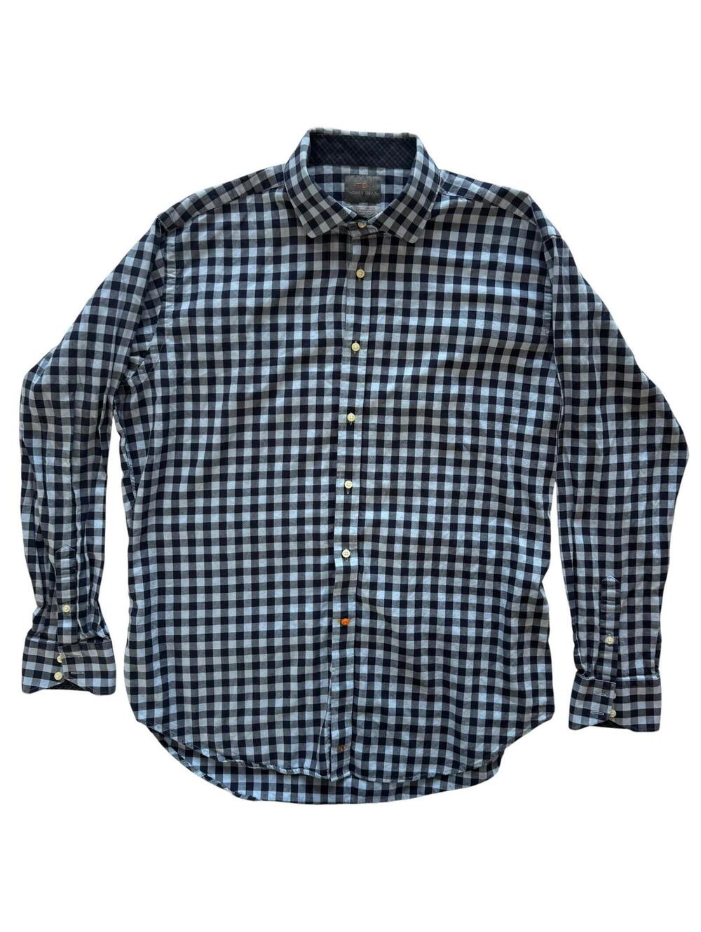 Thomas Dean Men’s XL Blue Black Gingham Check Button Up Shirt 100% Cotton